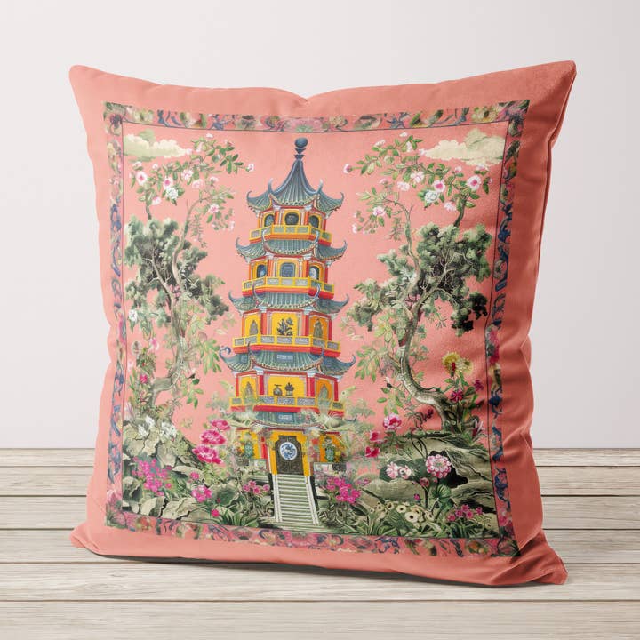 Fodera per cuscino in velluto rosa Pagoda Oriental Boutique per la vendita all'ingrosso da parte di FabFunky Ltd