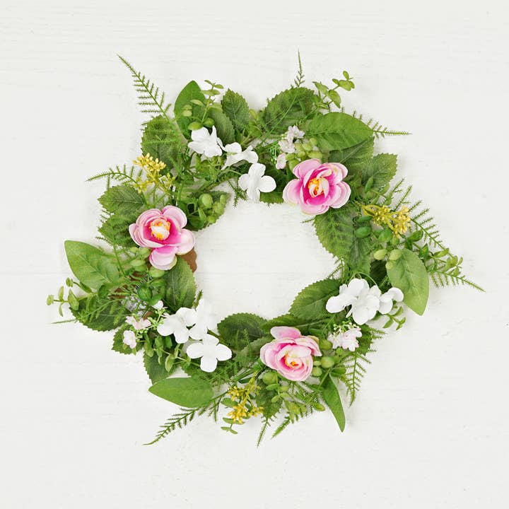 550022-Pink Cream Ranunculus w. Ferns-12in(6.5) Twig Wreath for wholesale by Impressive Enterprises, Inc.
