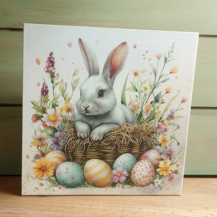 Spring Easter Bunny Block - Bunny with nest for wholesale by Bluegrass Burlap Co