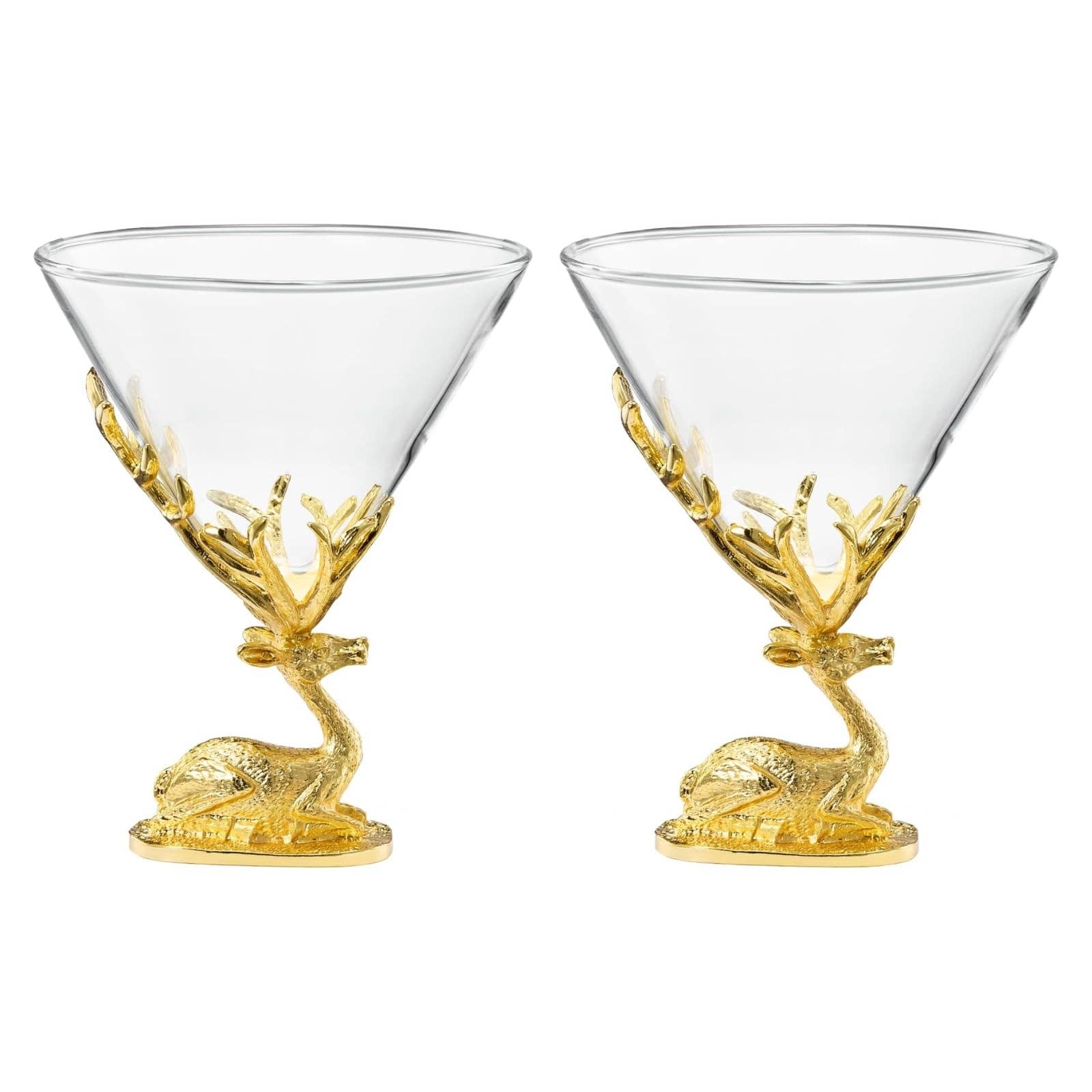 The Wine Savant /  Khen Glassware - Vente Verres à cocktail/alcool - Ensemble de 2 verres à cocktail avec bois de cerf, design cerf doré6