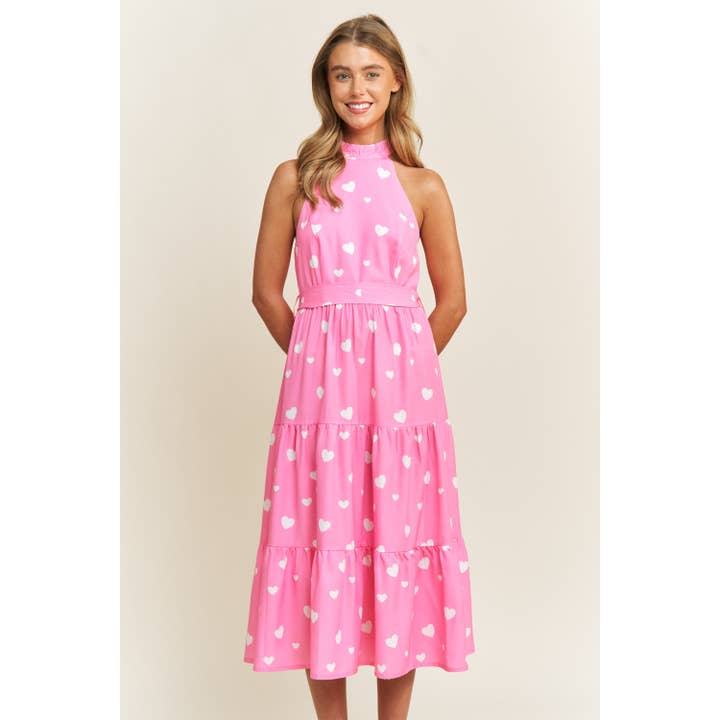 Sweet Generis - Wholesale Dress - Women's - SOFT WOVEN VALENTINE HEART PRINT HULTER NECK MIDI DRESS WITH