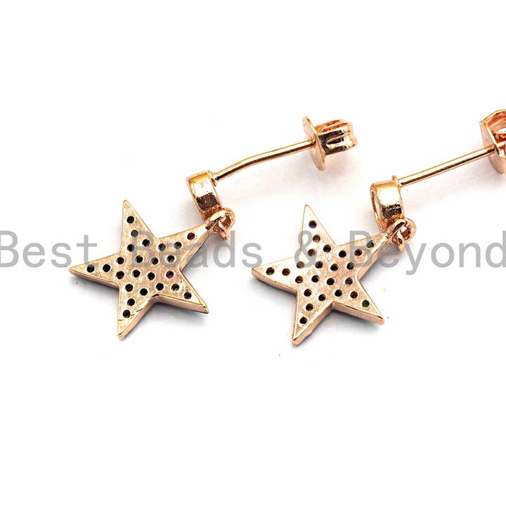 BestBeads&Beyond - Wholesale Stud/Post Earrings - CZ Micro Pave Five Star Shape Dangle Earrings, Cubic Zirconia Gold/Silver/Rose Gold/Black Stud Earring, 12x17mm,sku#J593
