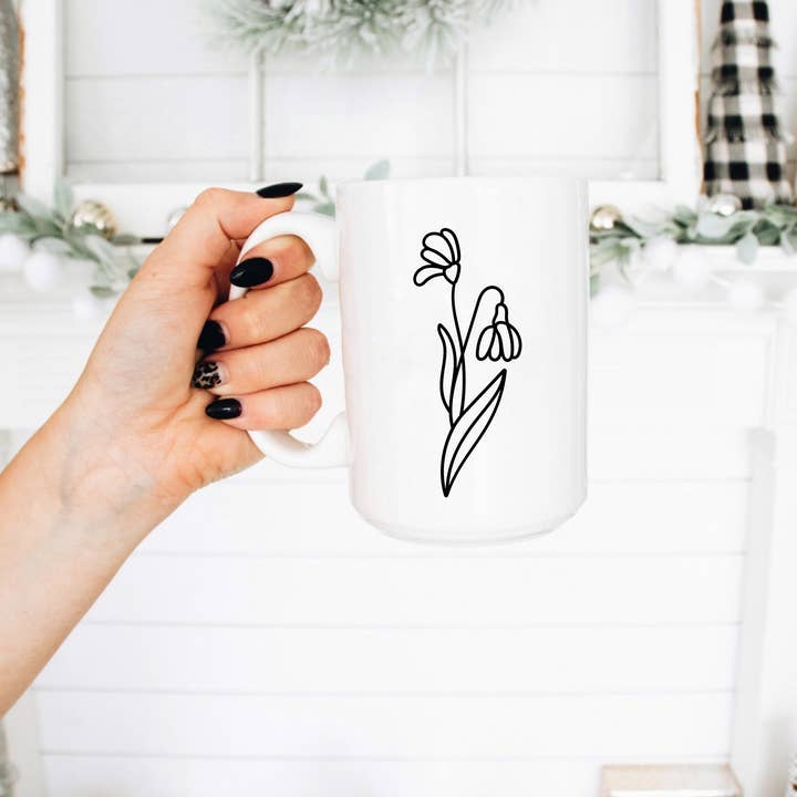 15 oz. Coffee Mug, January Snowdrop, Floral Cup, Zodiac for wholesale by Boho Sips