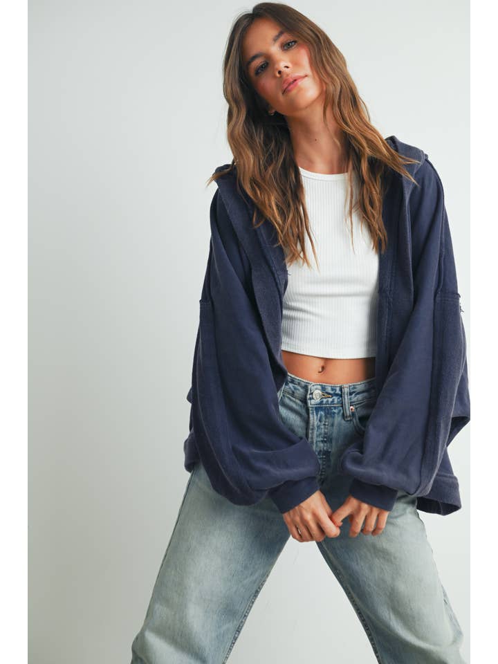 BUTTERMELON - Wholesale Cardigan - Women's - FALL WASHED FRENCH TERRY HOODED CARDIGAN POCKETS - BMC7513