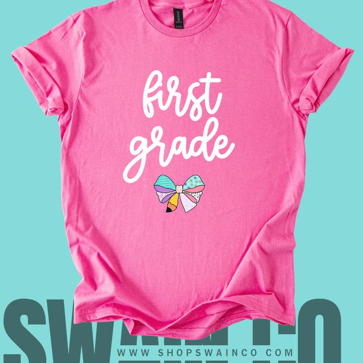 Personalized Pencil Bow T-Shirt – Custom Teacher or Grade Name Tee – Back to School Shirt – Teacher Gift – Student Shirt – Classroom Style for wholesale by Swain Co.