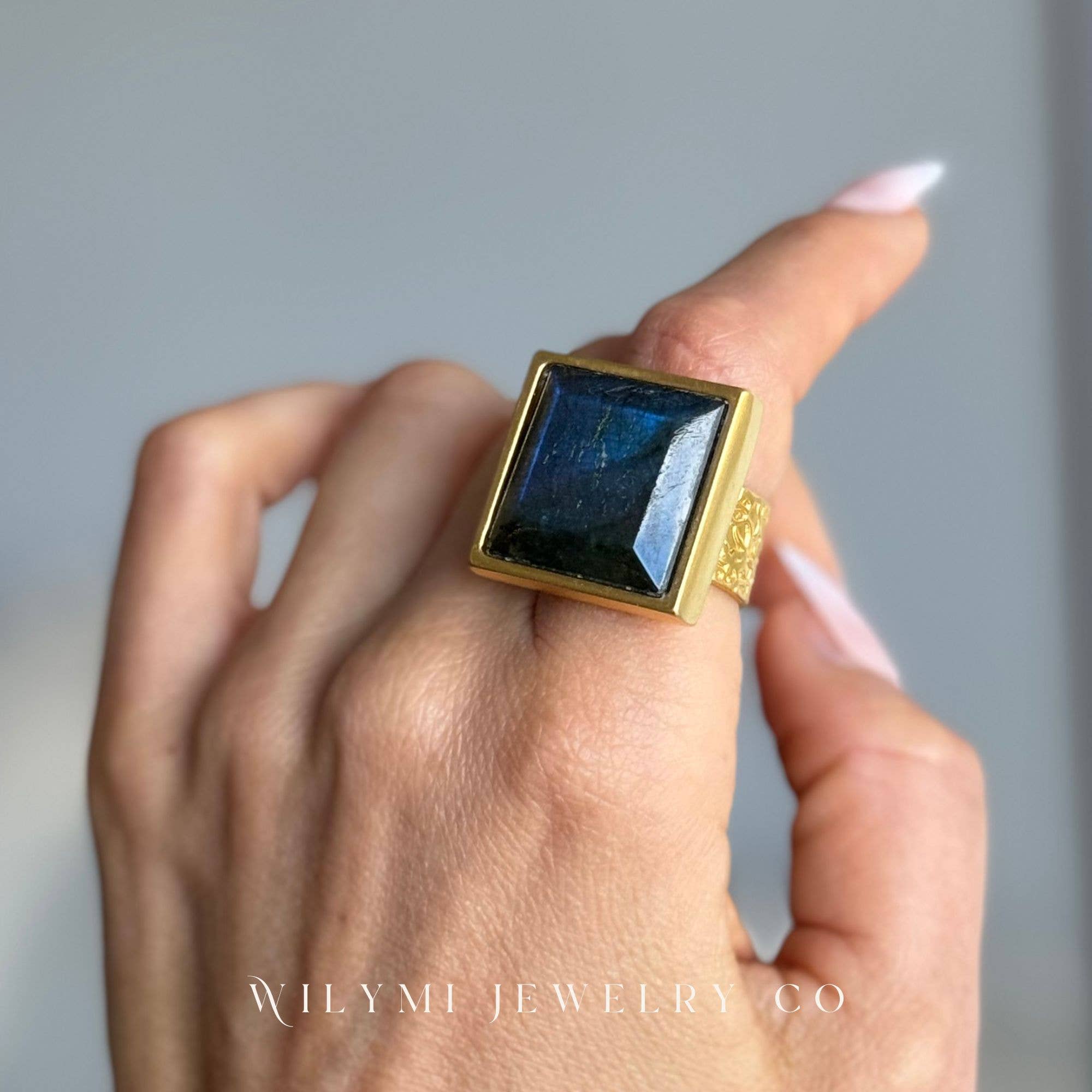 WILYMI Jewelry Co - Wholesale Cocktail/Statement Ring - PRESENCE Labradorite 20mm Square Cut | 24k GF | Adjustable14