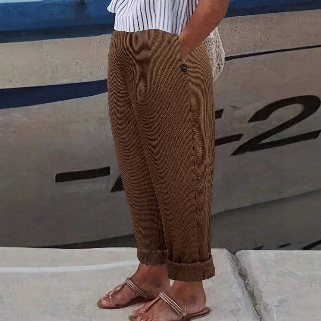 Kaffe Jacquardrutiga byxor med resårmidja för kvinnor bruna N5A483 för wholesale på Faire0