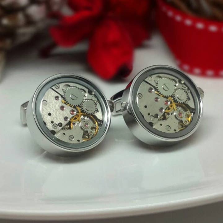 Clockwork Manchetknapper, bevægelige dele med glas ansigt for engroshandel hos Vyconic