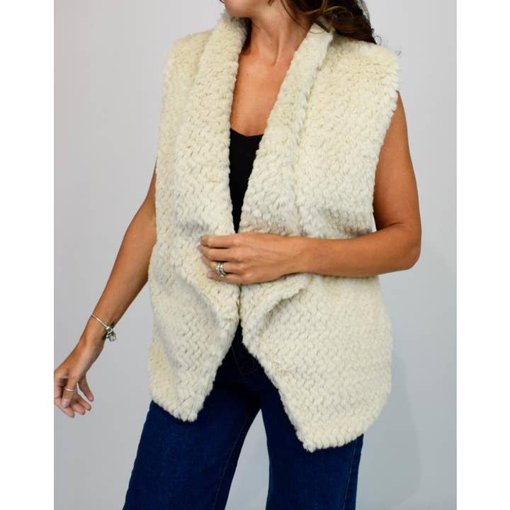 Cream Faux fur tufted open front fold collar gilet-39155 for wholesale by Paradiso Couture