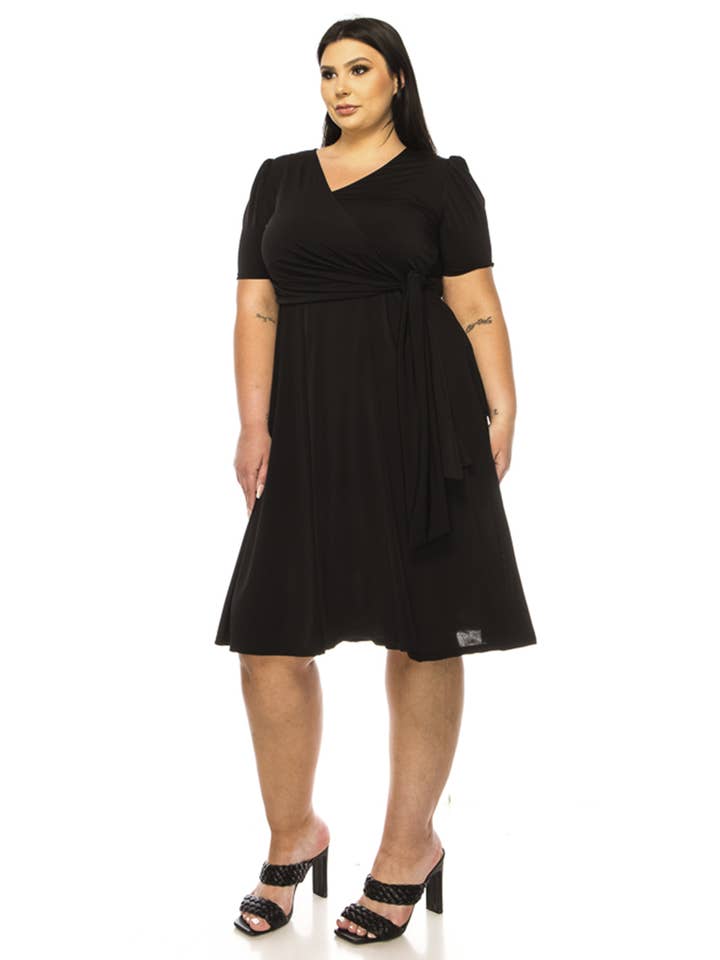 MOA COLLECTION - Wholesale Dress - Women's - Women's Plus Solid Faux Wrap Dress with Deep V-Neck