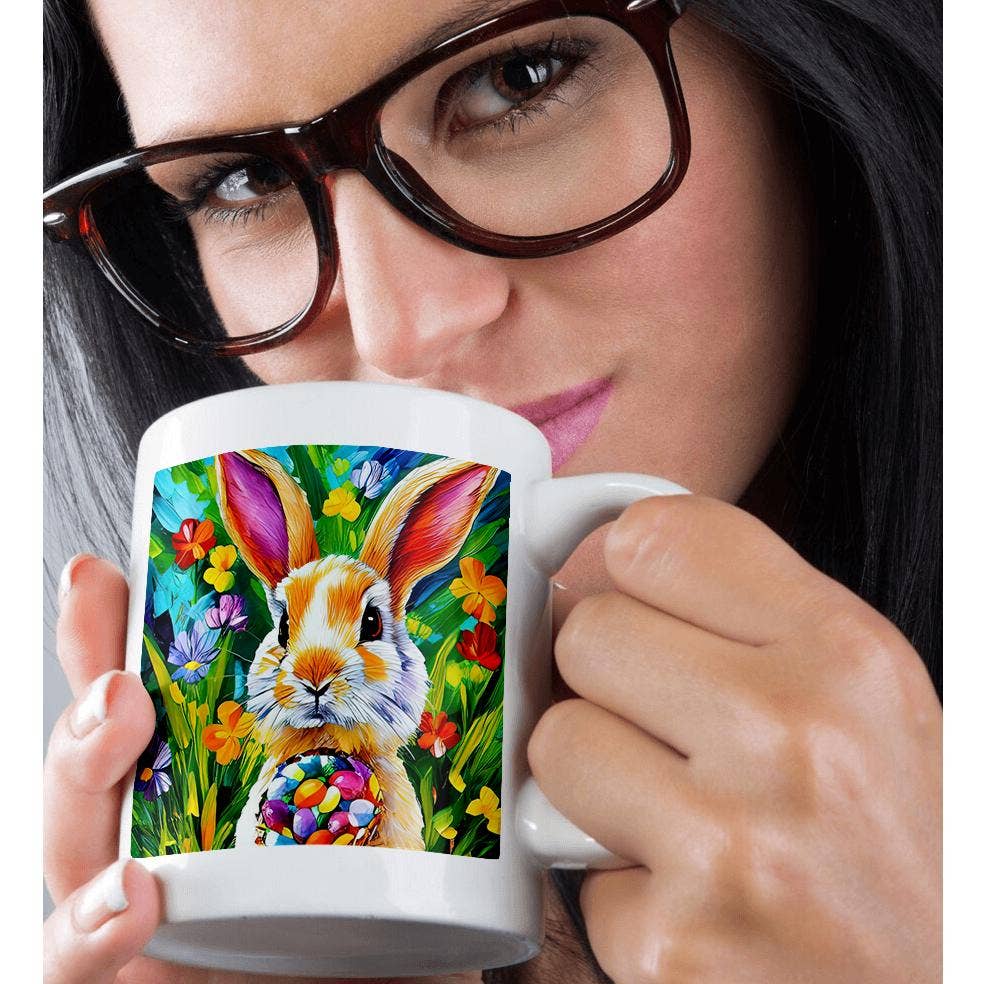 3dRose - Wholesale Coffee Mug - 3dRose, Easter bunny with a bowl of colorful eggs. Grass, plants, flowers, Mug9
