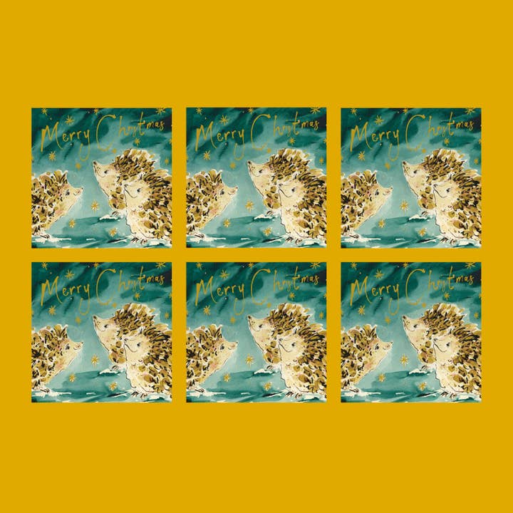 Festive Hedgehogs Gold Foil Christmas Card Pack (pack of 6) for wholesale by Anna Wright Ltd