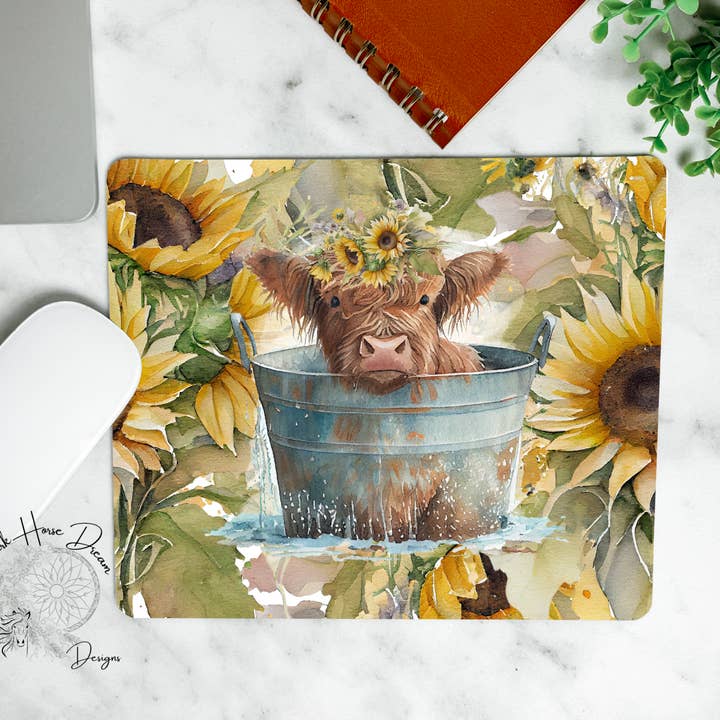 Baby Highland Cow Bathtime, Watercolor Florals, Mouse Pad for wholesale by Dark Horse Dream Designs LLC