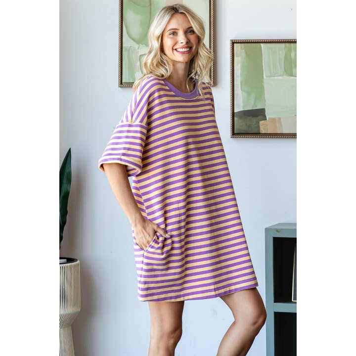 Veveret - Wholesale Dress - Women's - Stripe Knit Pullover Oversized Tee Dress