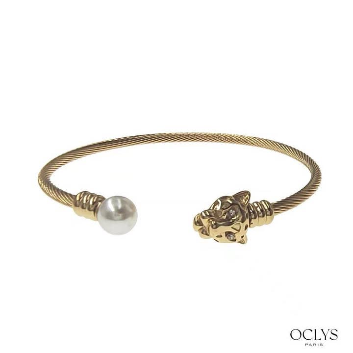 Oclys - Wholesale Bangle Bracelet - Flexible bangle bracelet with jaguar bead in stainless steel Jaja