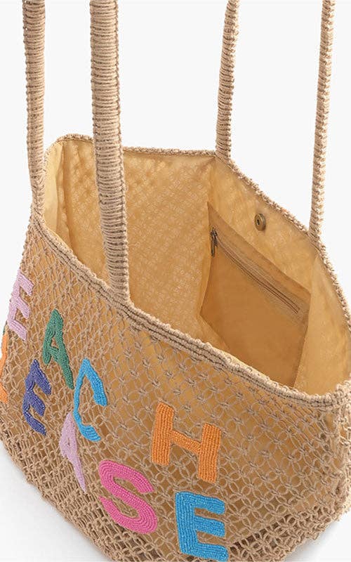 America & Beyond – Engroshandel Strandtaske – Beach Please taske i håndvævet macramé jute med perler3