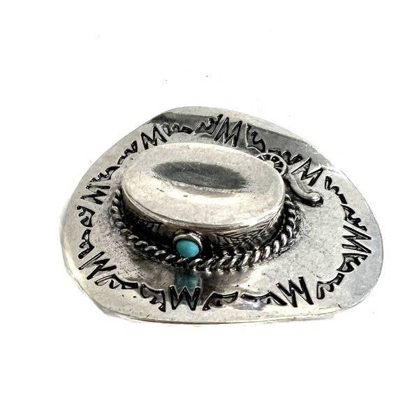 Boucle de ceinture motif chapeau de cowboy western avec pierre turquoise pour la vente par Snowing West