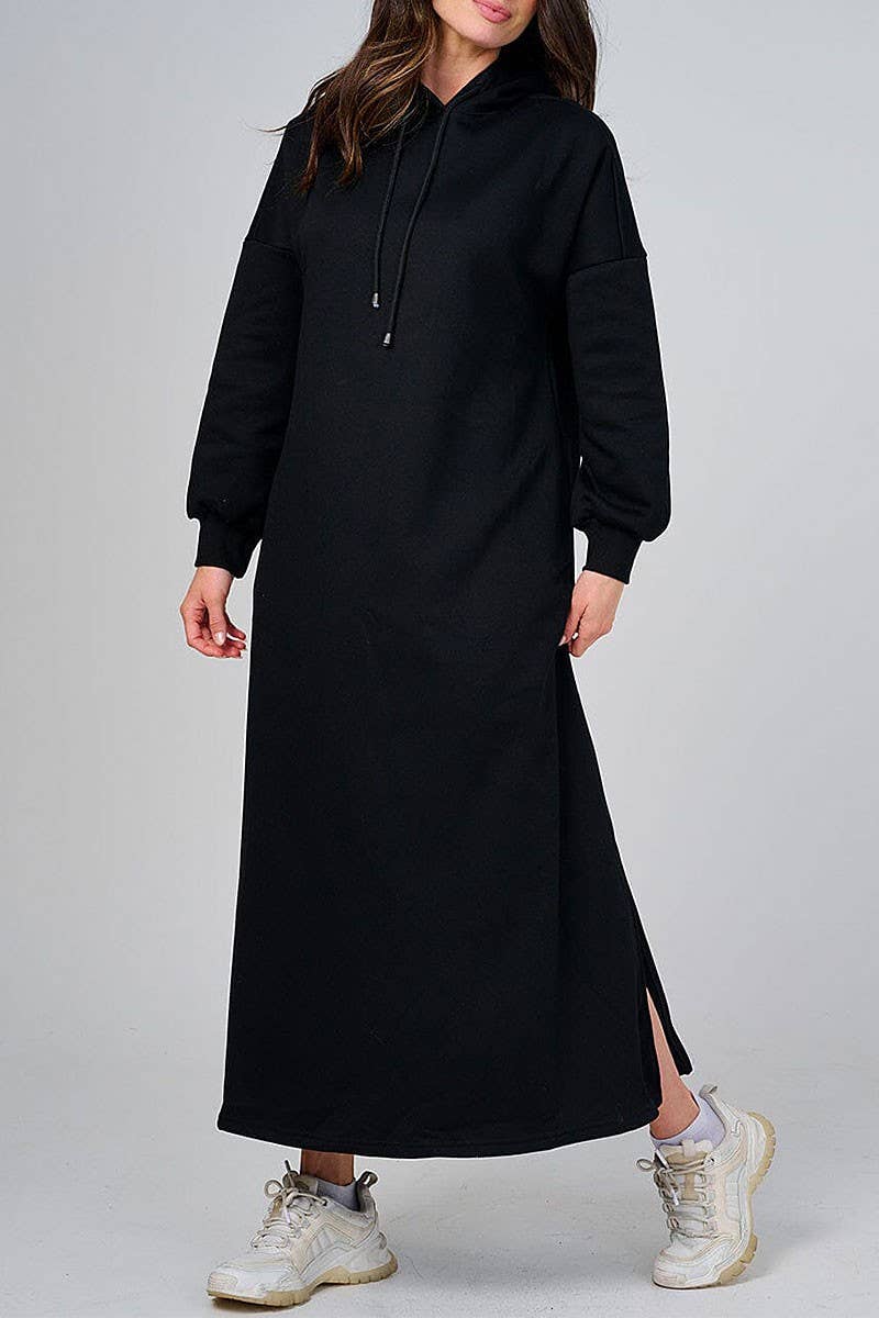 ROUSSEAU - Wholesale Dress - Women's - SOLID LONG SLEEVE HOODED POCKET FRONT MAXI DRESS3