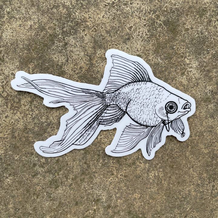 KM Art and Design - Vendita all'ingrosso Adesivo - Adesivo in vinile 3" illustrazione in bianco e nero di pesce rosso1