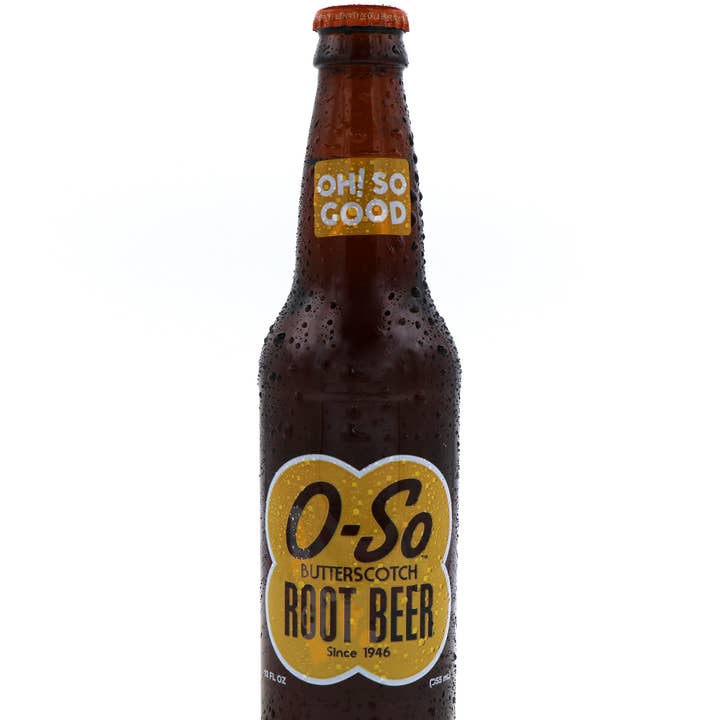 O-So Butterscotch Root Beer Soda, 12oz Glass Bottle 12ct for wholesale by Grandpa Joe's Candy Shop