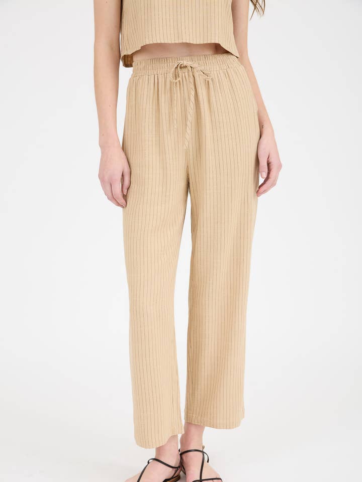 PINSTRIPE DRAWSTRING STRAIGHT LEG LINEN PANTS for wholesale by Blu Pepper