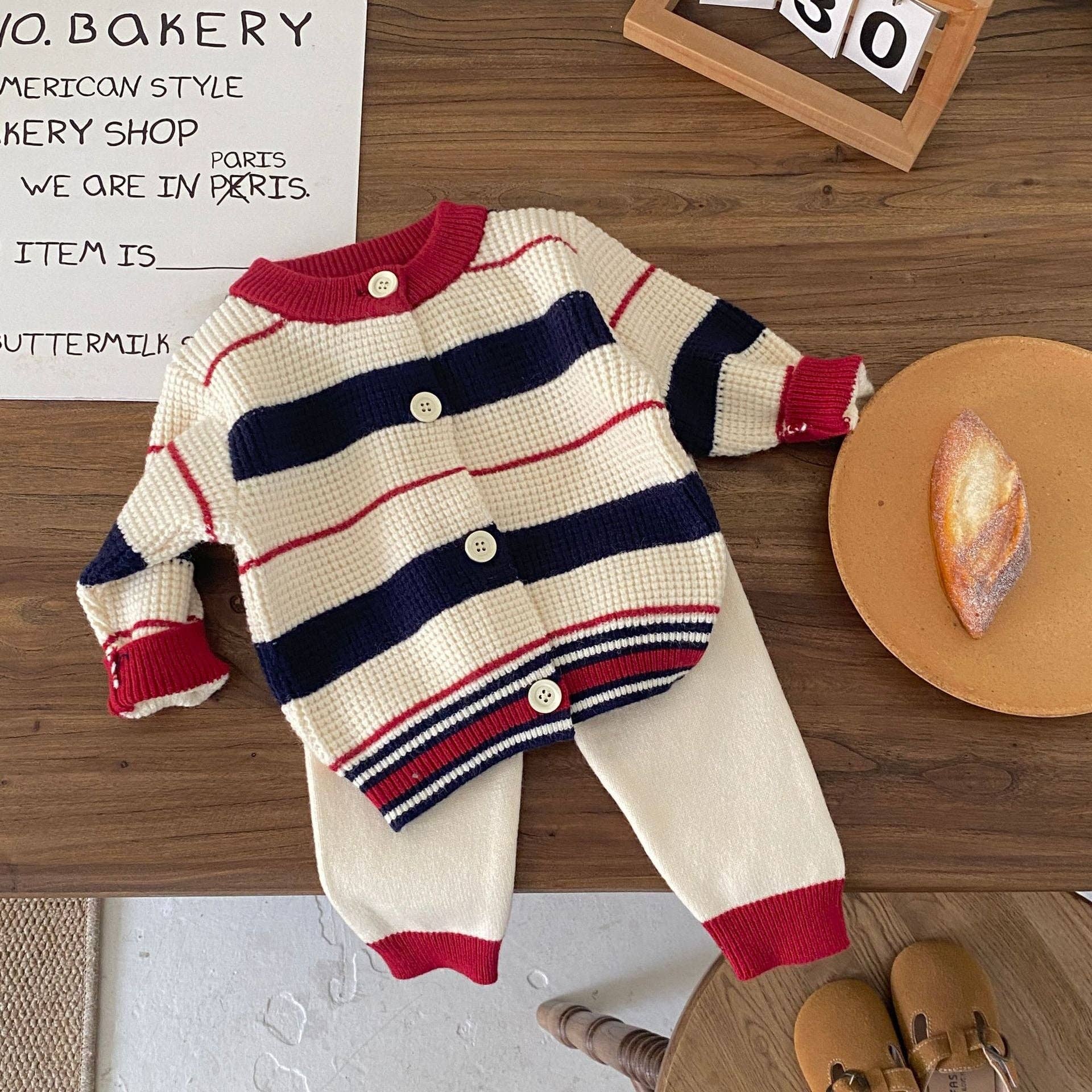 MyKids-USA® - Wholesale Clothing Set - Baby - Autumn and Winter New Arrival Baby Kids Unisex Long Sleeves Striped Pattern Crew Neck Knitted Cardigan and Pants Clothing Sets1