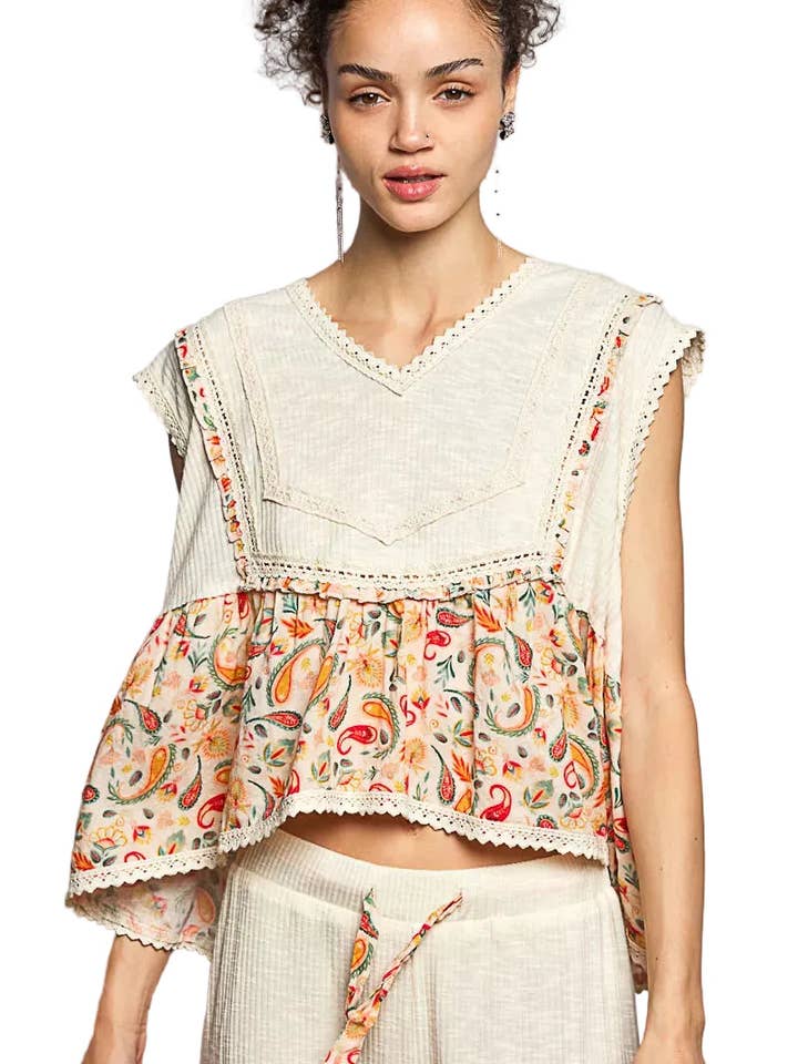 POL Lace Detail Floral Cropped Ruffled Top for wholesale by Garden Naked