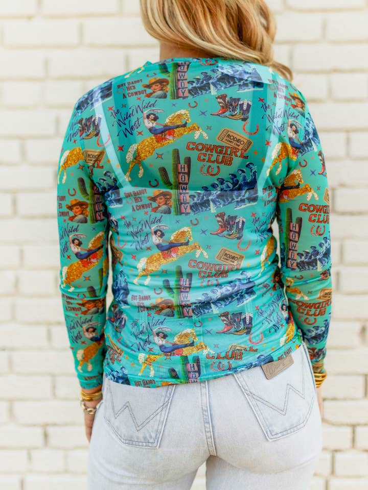 Turquoise Haven - Wholesale Blouse - Women's - TH1221 S204 TURQ COWGIRL COLLAGE MESH TOP (1 Piece)2