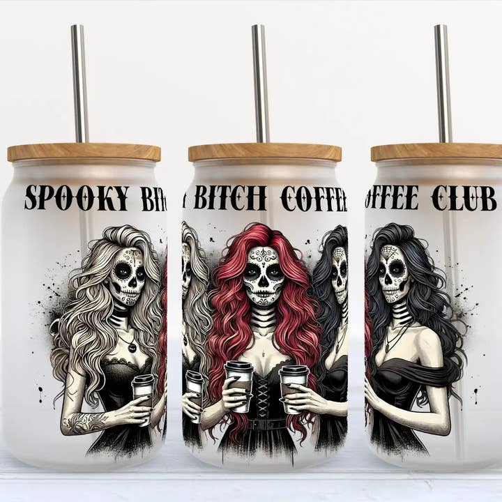 Spooky Bitch Coffee Club Halloween 16oz Frosted Libbey for wholesale by Kate Haven Glass Tumblers for Every Occasion