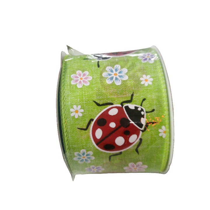 General Wholesale Inc - Wholesale Ribbon - Gift Wrapping - 2.5 X 10YD Green Ladybug and Daisy Ribbon - 153688G
