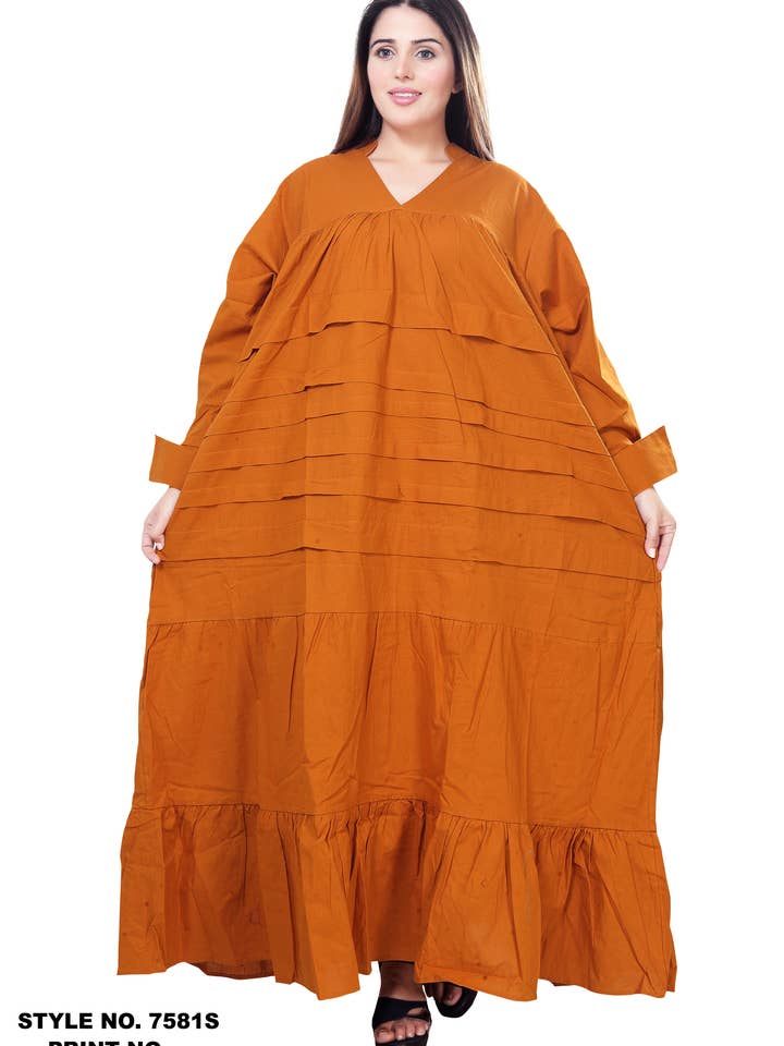 7581S - Damen Baumwoll Maxikleid mit Falten und Rüschen in Unifarbe für den Großhandel von KaraChic