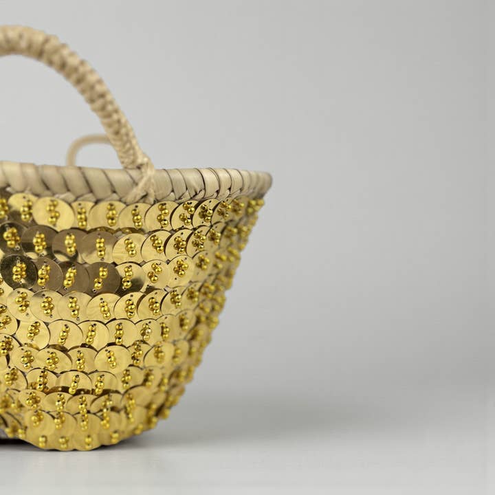 Melecraft - Wholesale Beach Bag - Mini Sequin Straw Market Basket - Gold Silver Gift Tote5