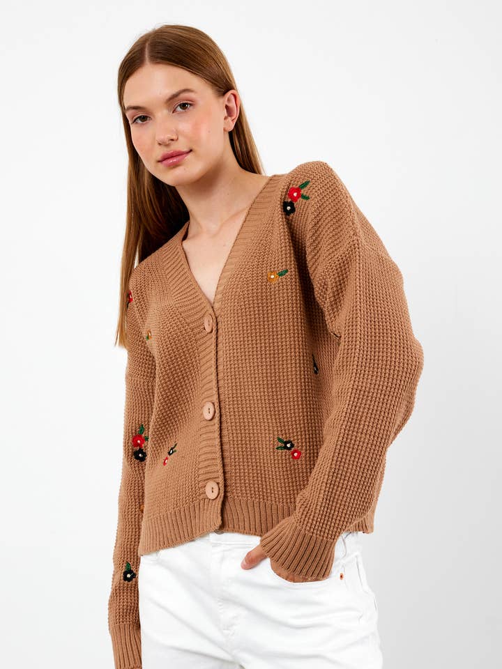 Cropped Knit Cardigan Flower Embroidered 3840 for wholesale by VAV NEW YORK