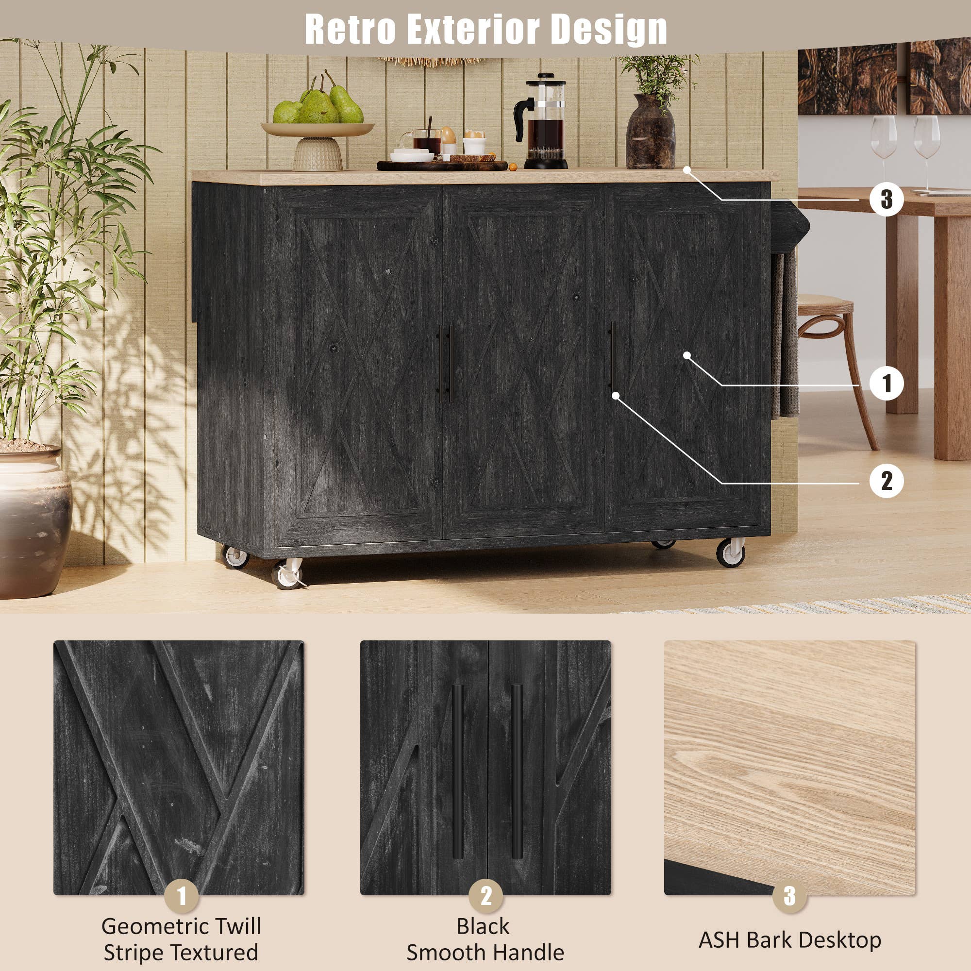 HOMYCASA DESIGN INC - Vente Rangements/organisateurs de cuisine - Îlot de cuisine avec rangement, plan de travail rabattable5