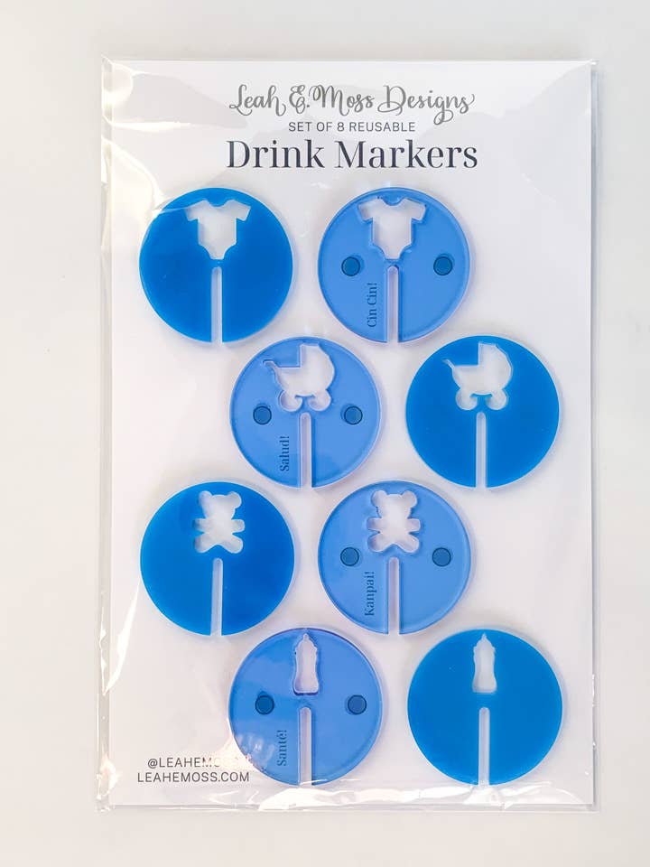 Baby blue drink markers, baby shower drink charms for wholesale by Leah E. Moss Designs