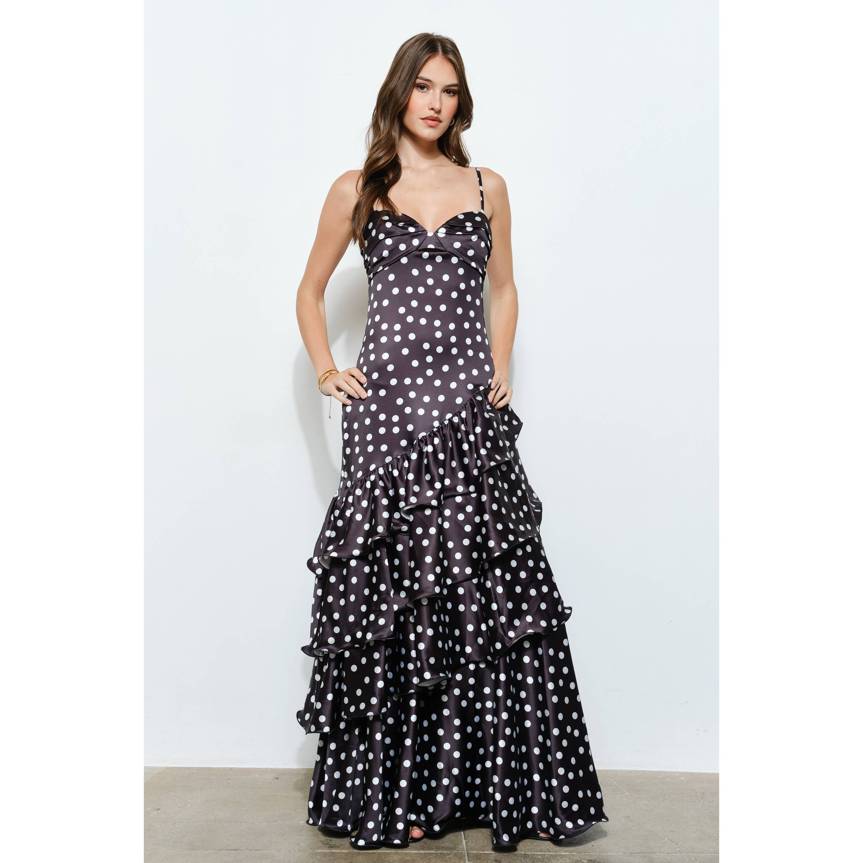 INA – wholesale Dress – Women's – Satin Polka Dot Tiered Ruffle Maxi Dress10