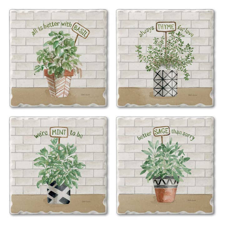 "Herb Garden" 4pk Assorted Tumbled Tile Coasters for wholesale by Conimar Promotions
