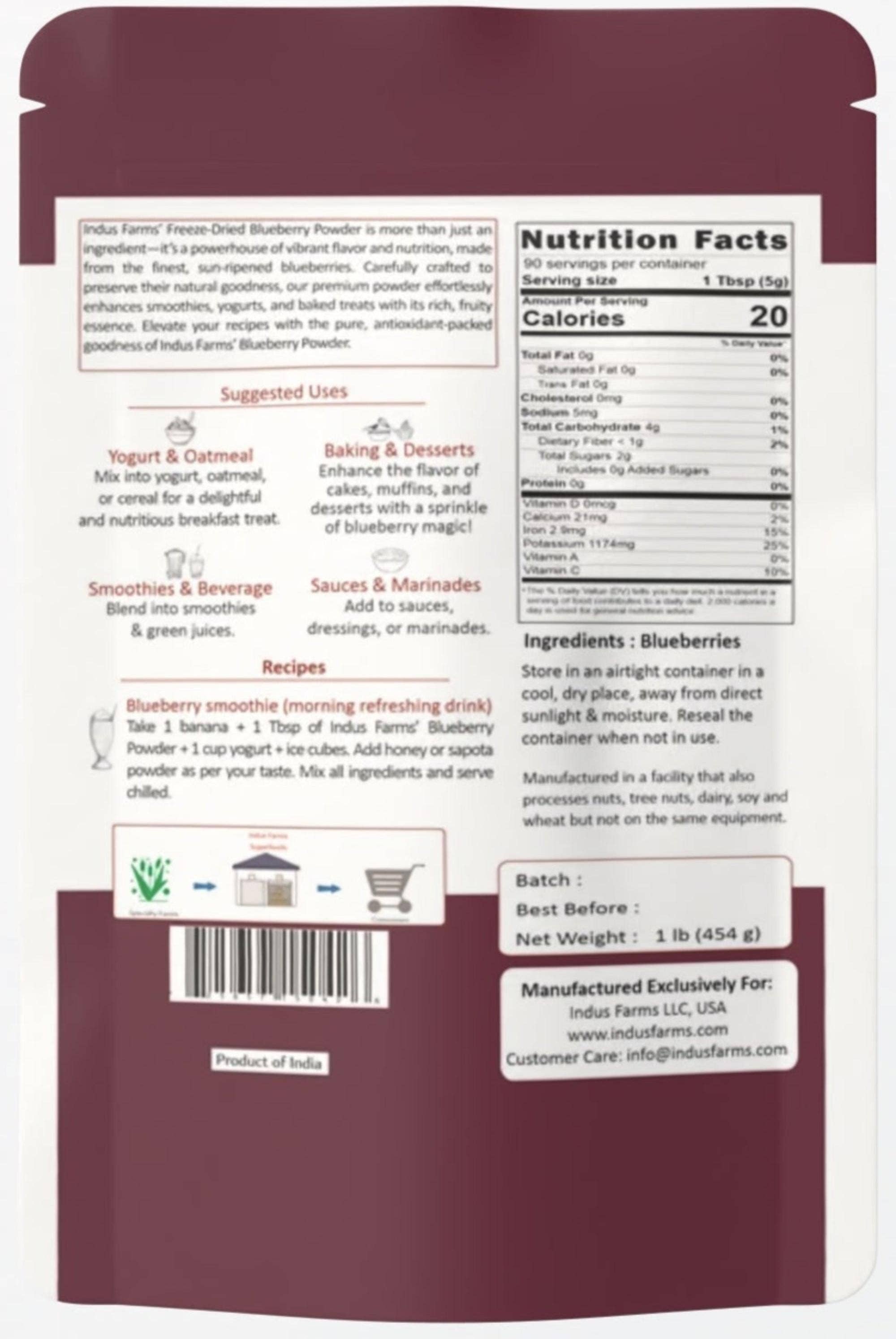Indus Farms Superfoods - Wholesale Protein/Superfood Powder - 100% Pure Freeze Dried Blueberry Powder, GMO-Free, Vegan1