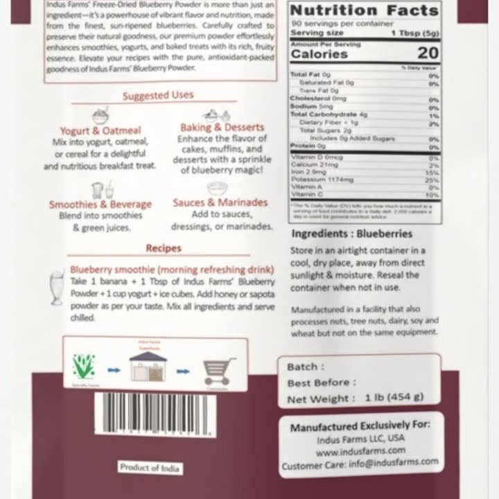 Indus Farms Superfoods - Wholesale Protein/Superfood Powder - 100% Pure Freeze Dried Blueberry Powder, GMO-Free, Vegan1
