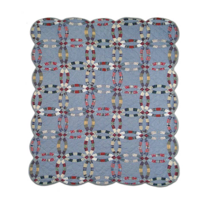 Denim Double Wedding Ring Quilt, Patchworked cotton Quilts. for wholesale by Patch Magic