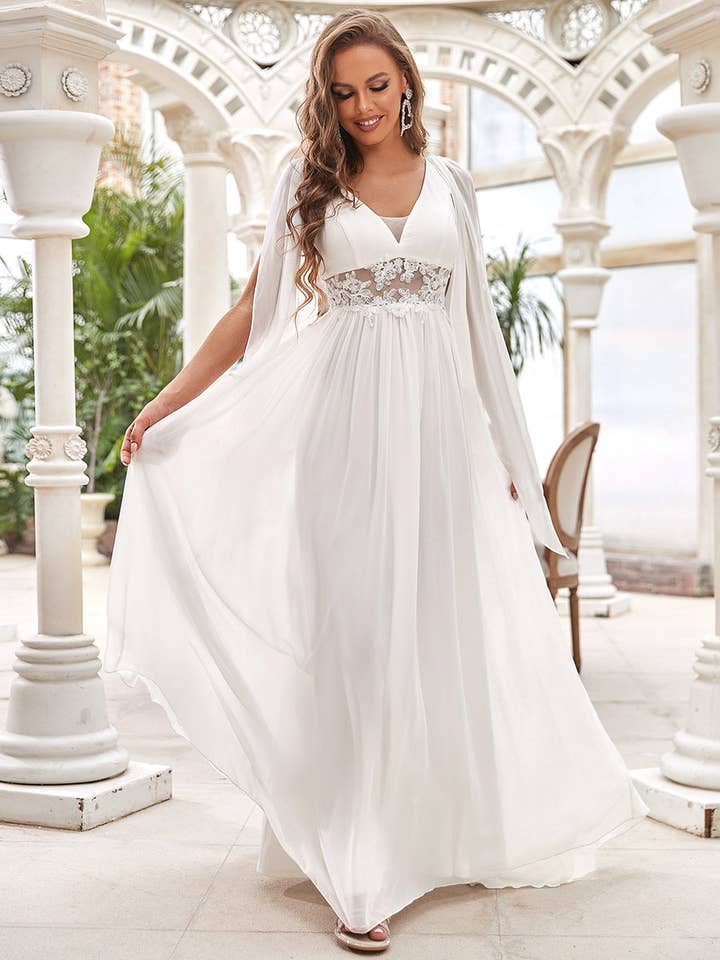 Deep V Neck A-Line Floor Length Wedding Dresses for wholesale by Ever-Pretty