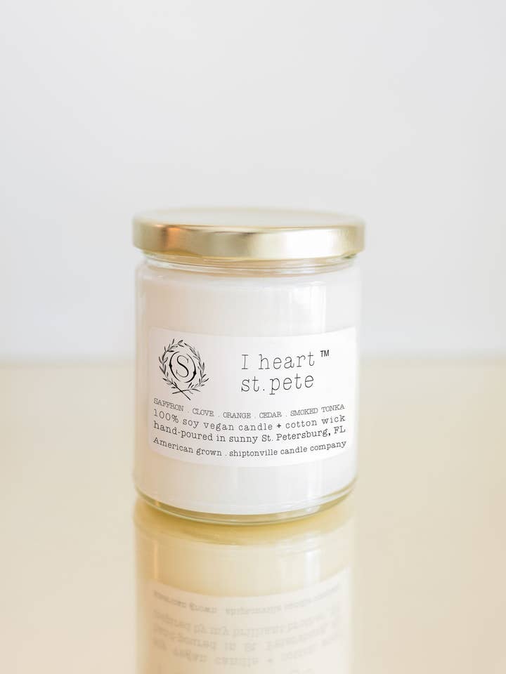 I heart St. Pete 9oz Soy, Candle hand-poured for wholesale by Shiptonville Candle Company