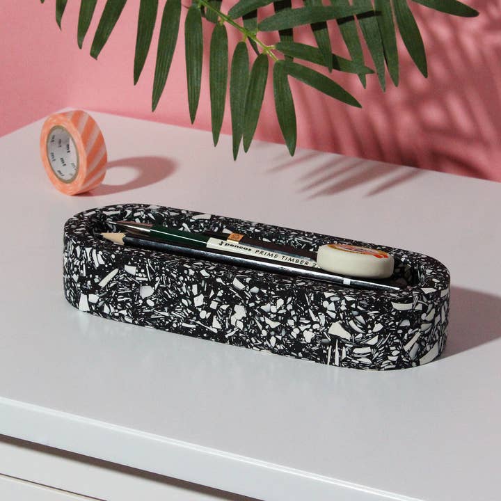 Midnight Black and White Terrazzo Stationery Tray for wholesale by Hey Kiddo Co.