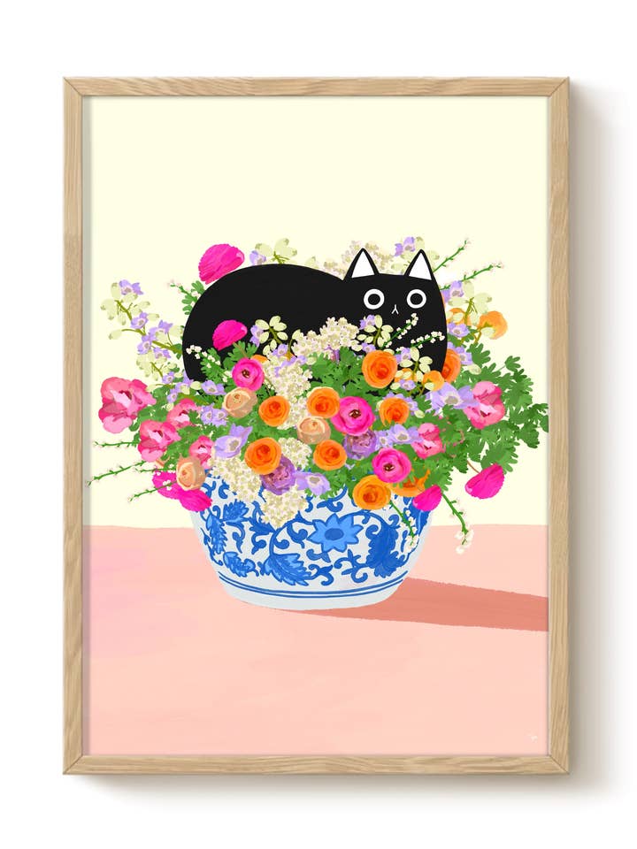 Flower Bed Cat Art - Colourful Wall Decor Print for wholesale by The Paper Tail