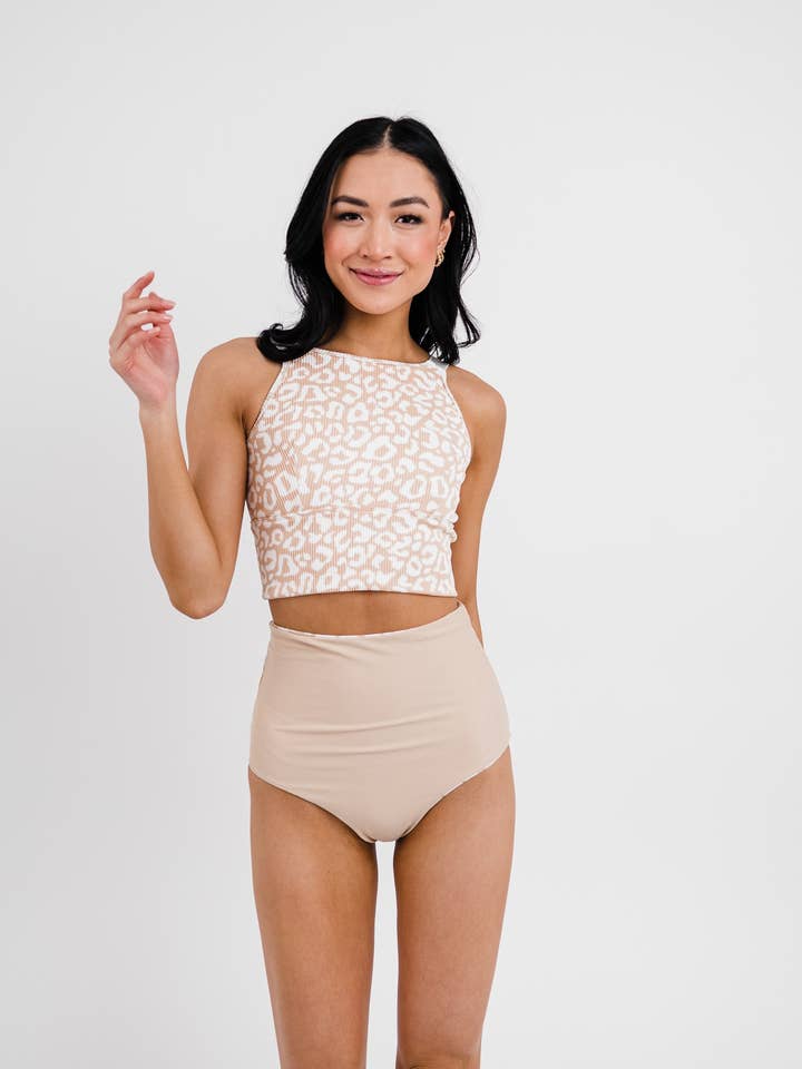 Tan Leopard Print High Neck Ribbed Top for wholesale by Coral Reef Swim