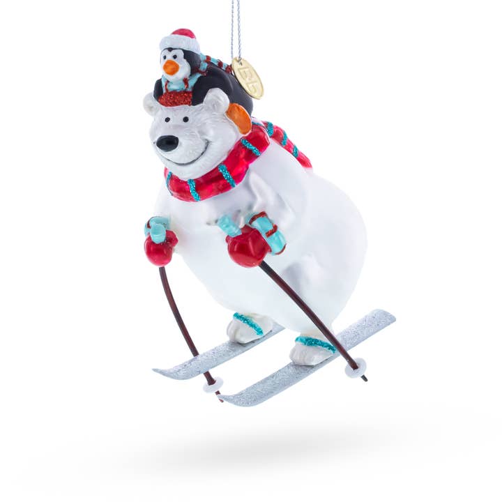 BestPysanky - Venta al por mayor Adornos - Oso polar esquiando con adorno de cristal con pingüino
