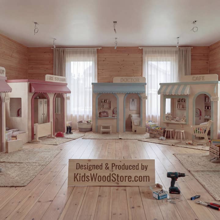 Kids Play Village 5-in-1 | Ice Cream, Fire Station, Doctor, Café & Pet Hospital for wholesale by Kids Wood Store