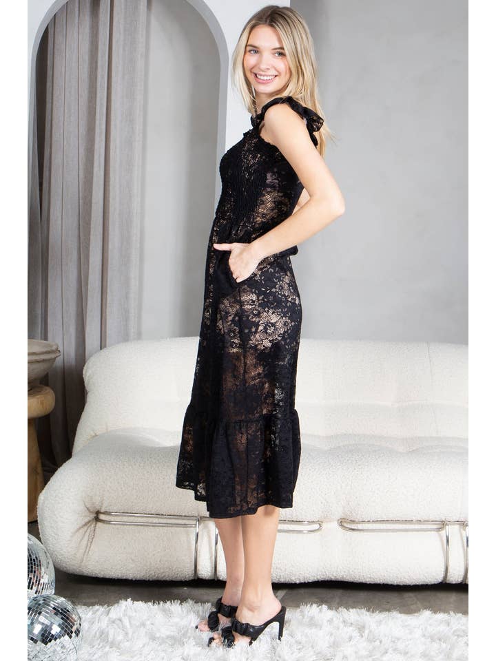 Loven x Mini Momo – Großhandel Kleid – Damen – Gemmoktes Spitzenkleid, ärmelloses Midikleid mit Tasche und Sommerrüschen1