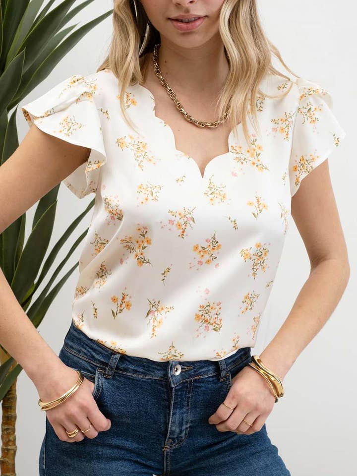 Blu Pepper - Vendita all'ingrosso Camicetta - Donna - Blusa in raso con scollo a V e stampa floreale con bordi smerlati6