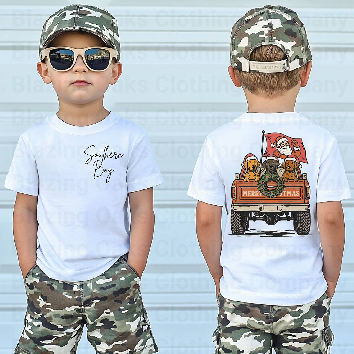 Blazing Oaks Clothing Company – Engroshandel T-shirt med serigrafitryk – til børn – Julehunde Lastbil Seng Skjorte